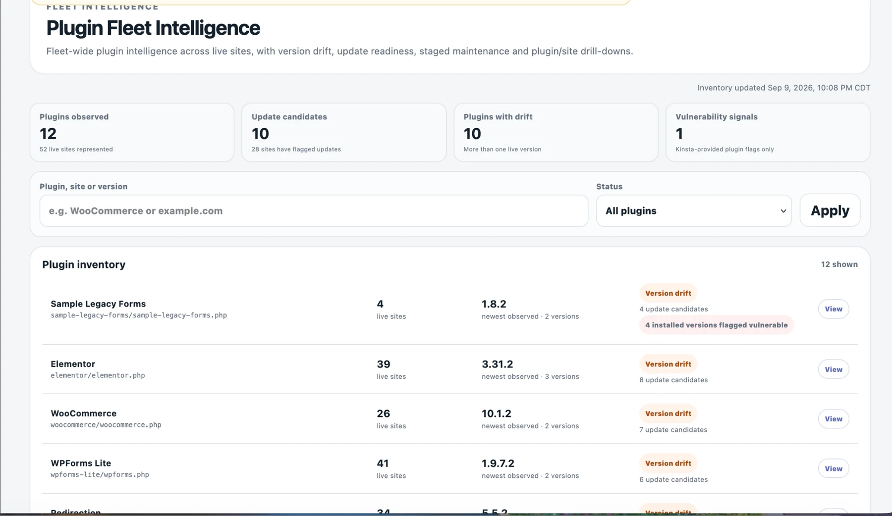210Console public demo Plugin Fleet Intelligence showing update candidates, version drift, vulnerability signals and plugin inventory